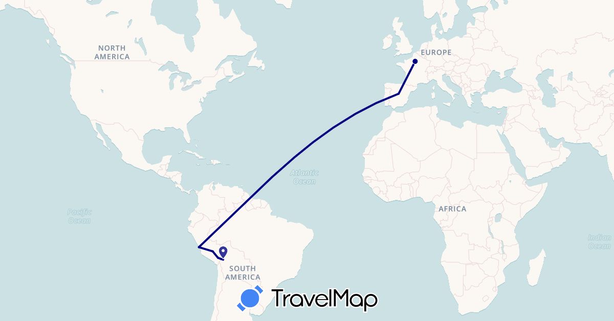 TravelMap itinerary: driving in Bolivia, Spain, France, Peru (Europe, South America)
